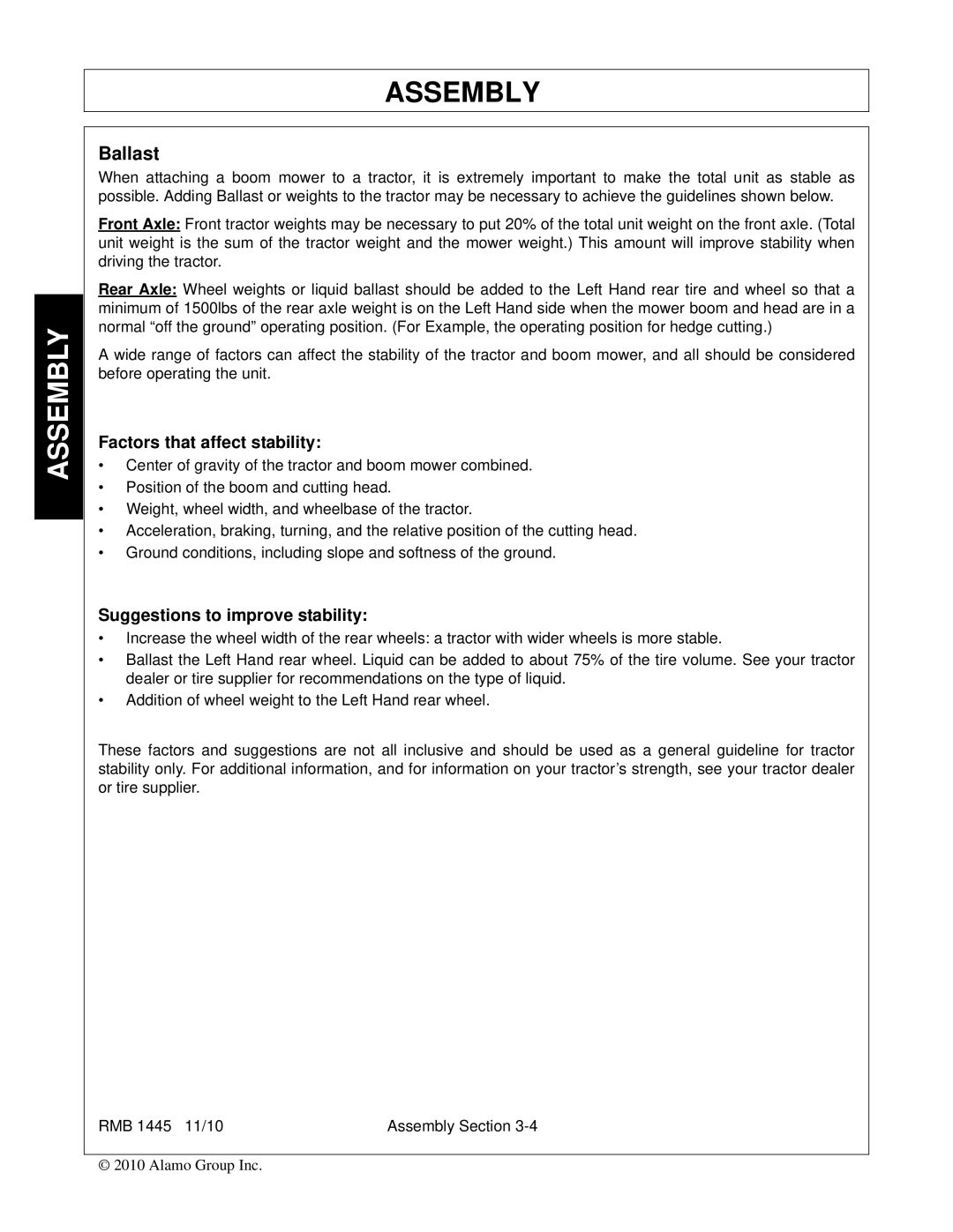 Bush Hog RMB 1445 manual Ballast, Factors that affect stability 