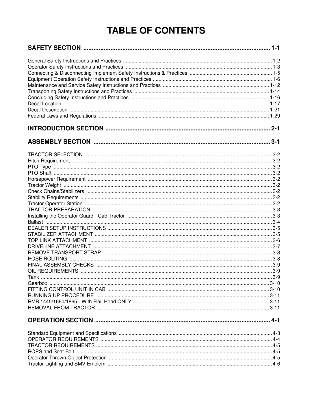 Bush Hog RMB 1445 manual Table of Contents 