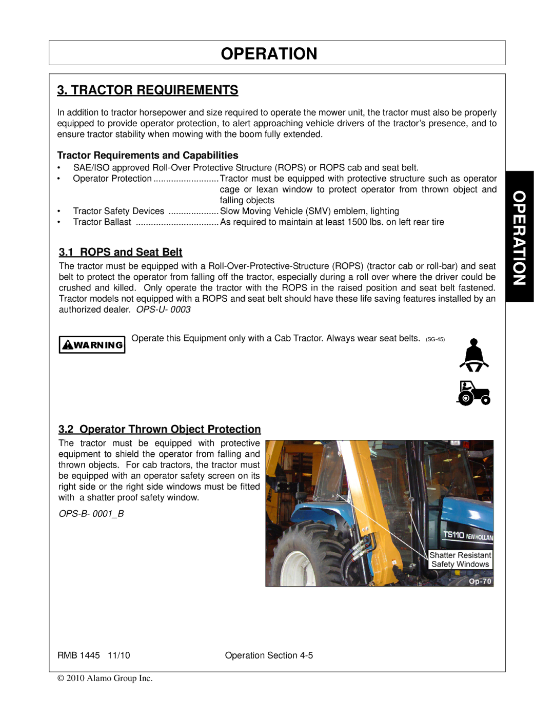 Bush Hog RMB 1445 manual Tractor Requirements, Rops and Seat Belt, Operator Thrown Object Protection 