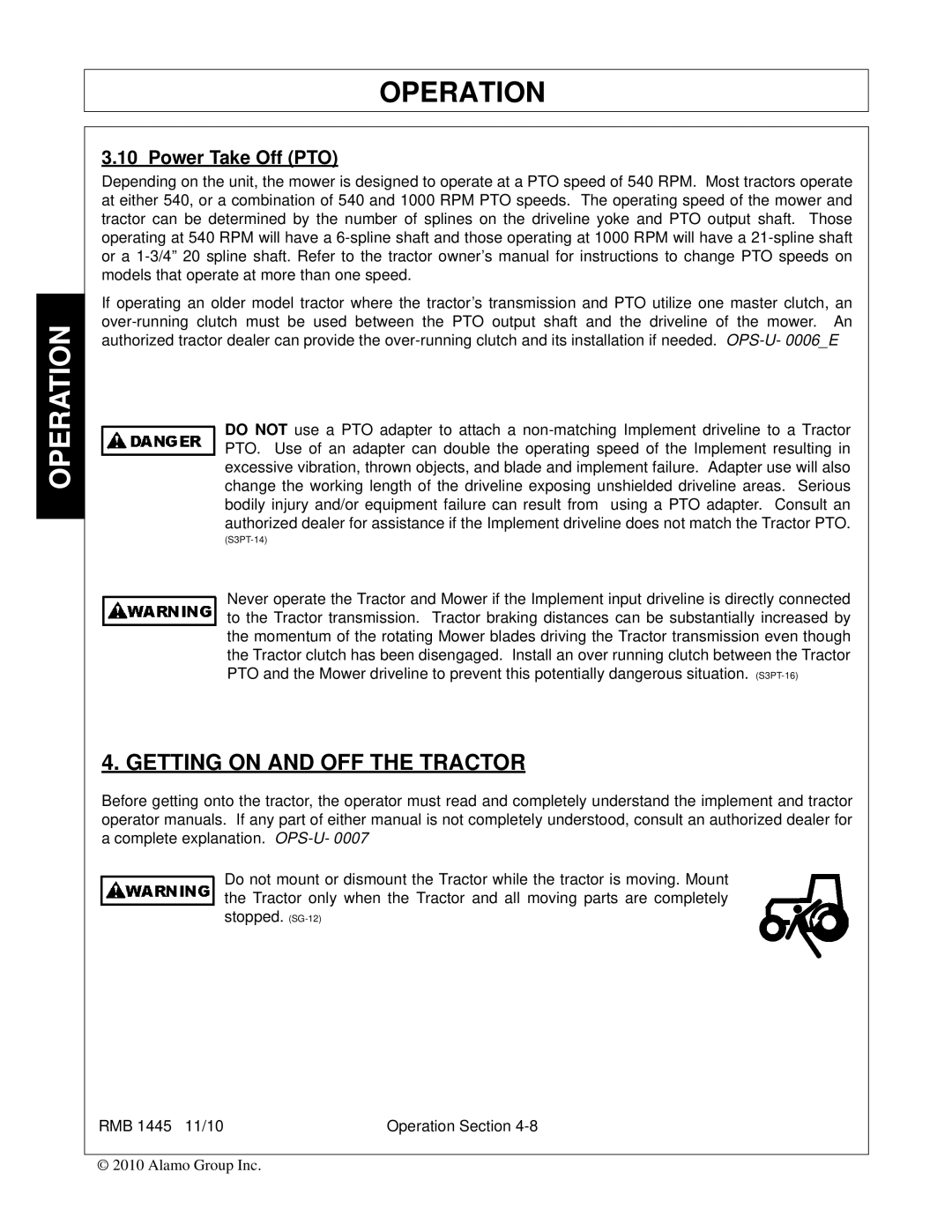 Bush Hog RMB 1445 manual Getting on and OFF the Tractor, Power Take Off PTO 