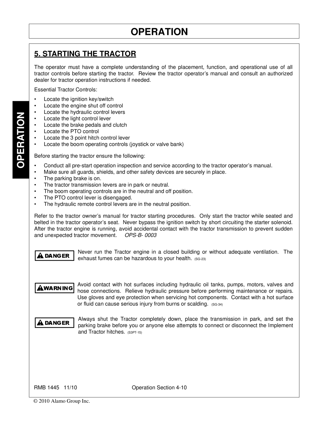 Bush Hog RMB 1445 manual Starting the Tractor 