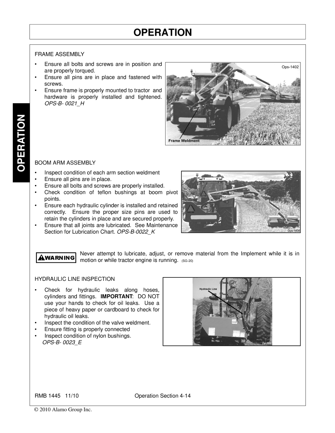 Bush Hog RMB 1445 manual Frame Assembly, Boom ARM Assembly, Hydraulic Line Inspection 