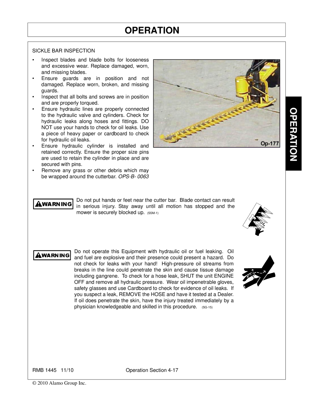 Bush Hog RMB 1445 manual Sickle BAR Inspection 