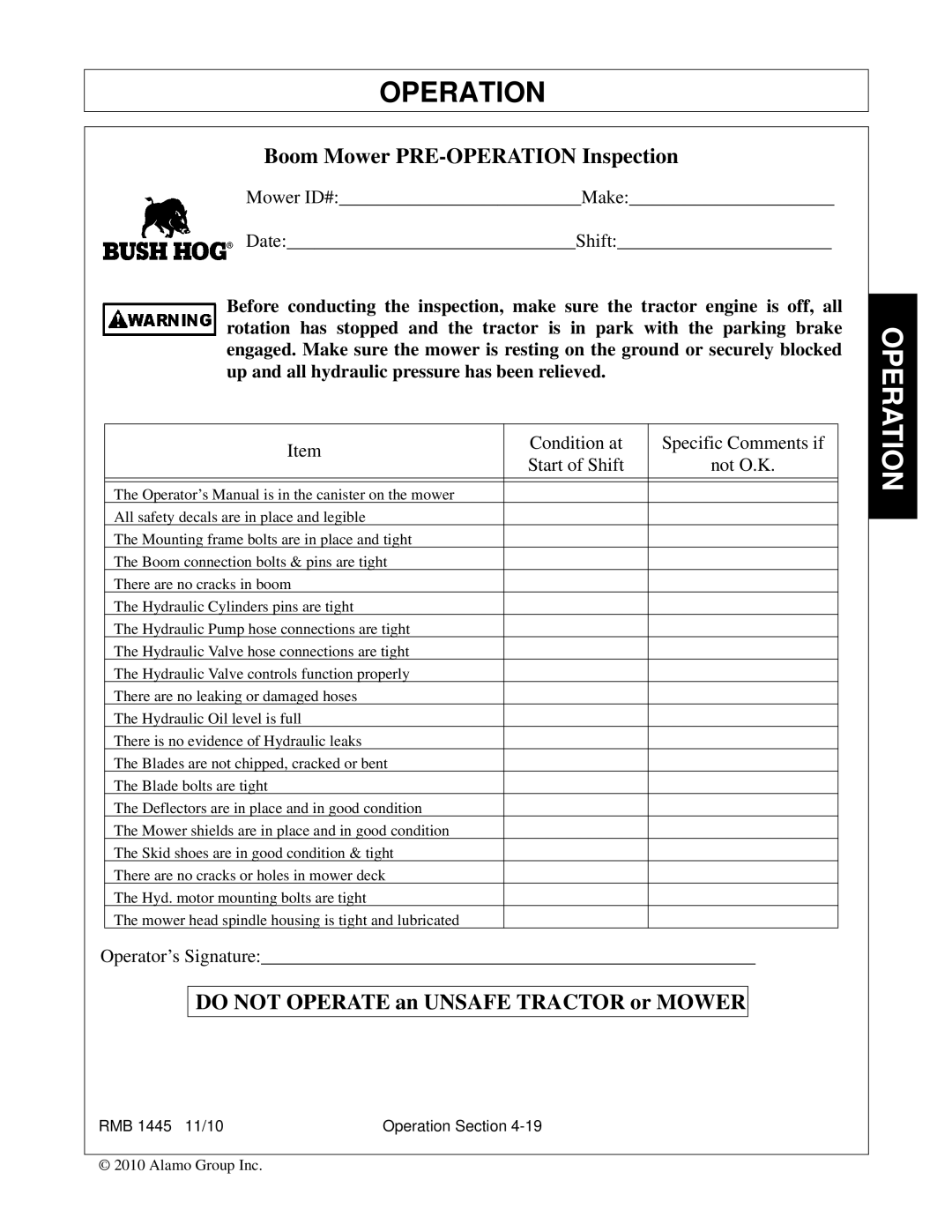 Bush Hog RMB 1445 manual Do not Operate an Unsafe Tractor or Mower 