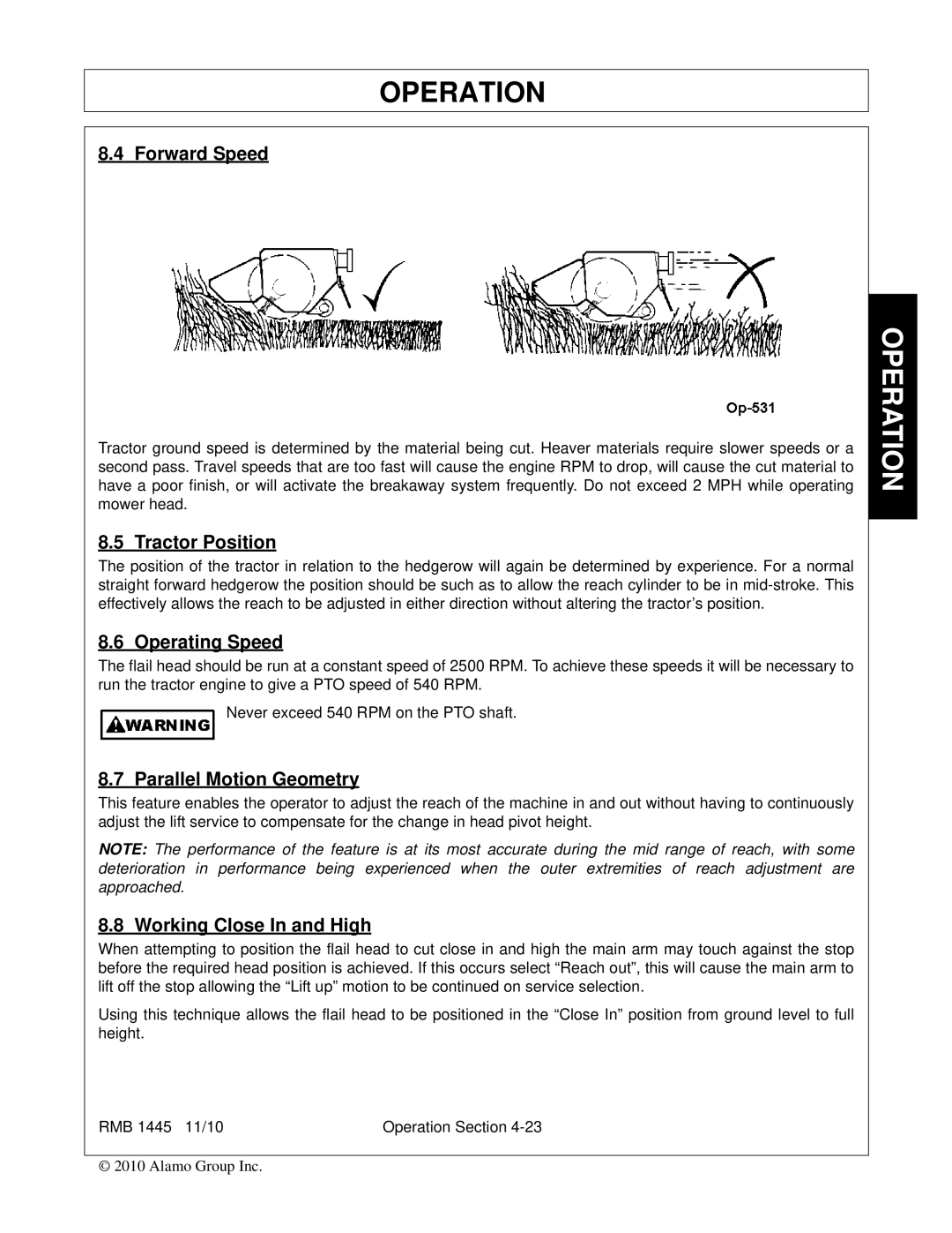 Bush Hog RMB 1445 Forward Speed, Tractor Position, Operating Speed, Parallel Motion Geometry, Working Close In and High 