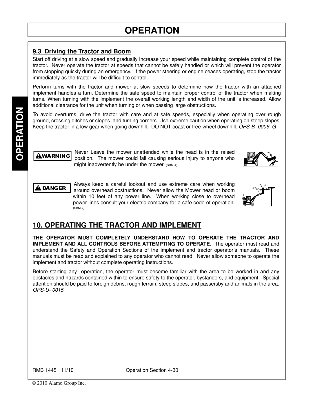 Bush Hog RMB 1445 manual Operating the Tractor and Implement, Driving the Tractor and Boom 