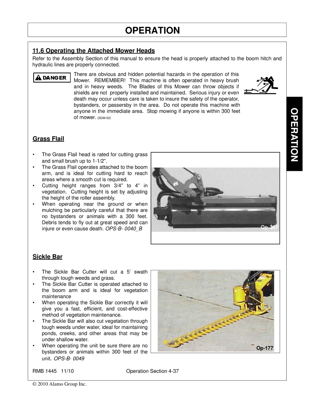 Bush Hog RMB 1445 manual Operating the Attached Mower Heads, Grass Flail, Sickle Bar 