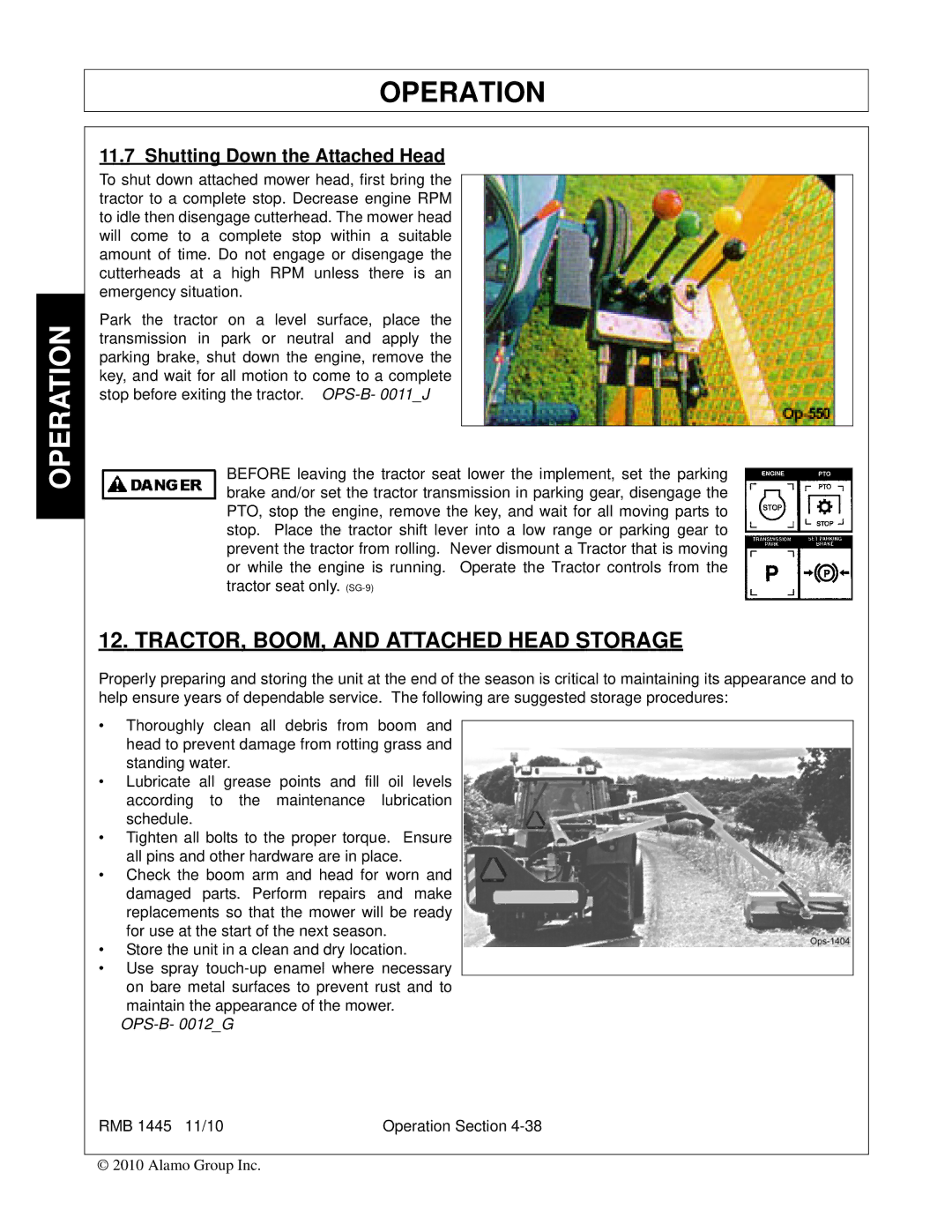 Bush Hog RMB 1445 manual TRACTOR, BOOM, and Attached Head Storage, Shutting Down the Attached Head 