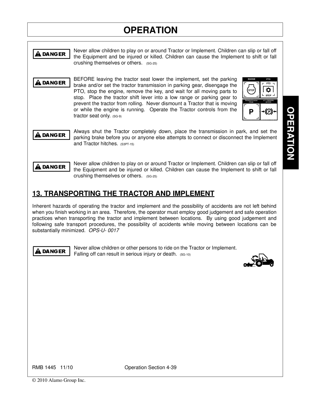 Bush Hog RMB 1445 manual Transporting the Tractor and Implement 