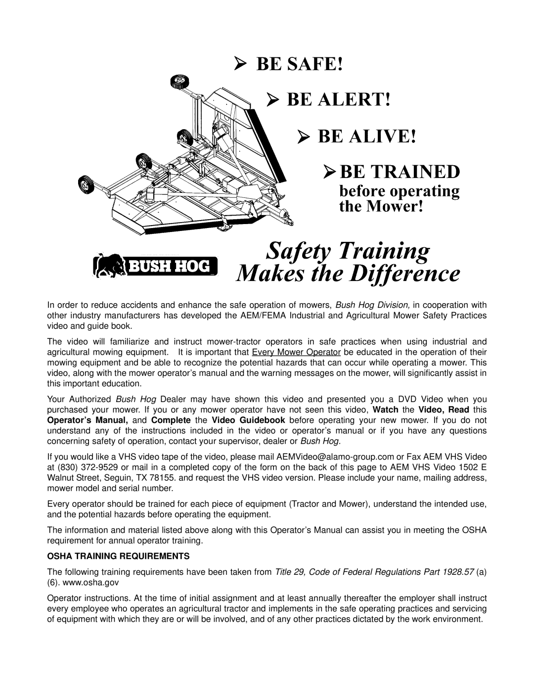 Bush Hog RMB 1660 manual Osha Training Requirements 