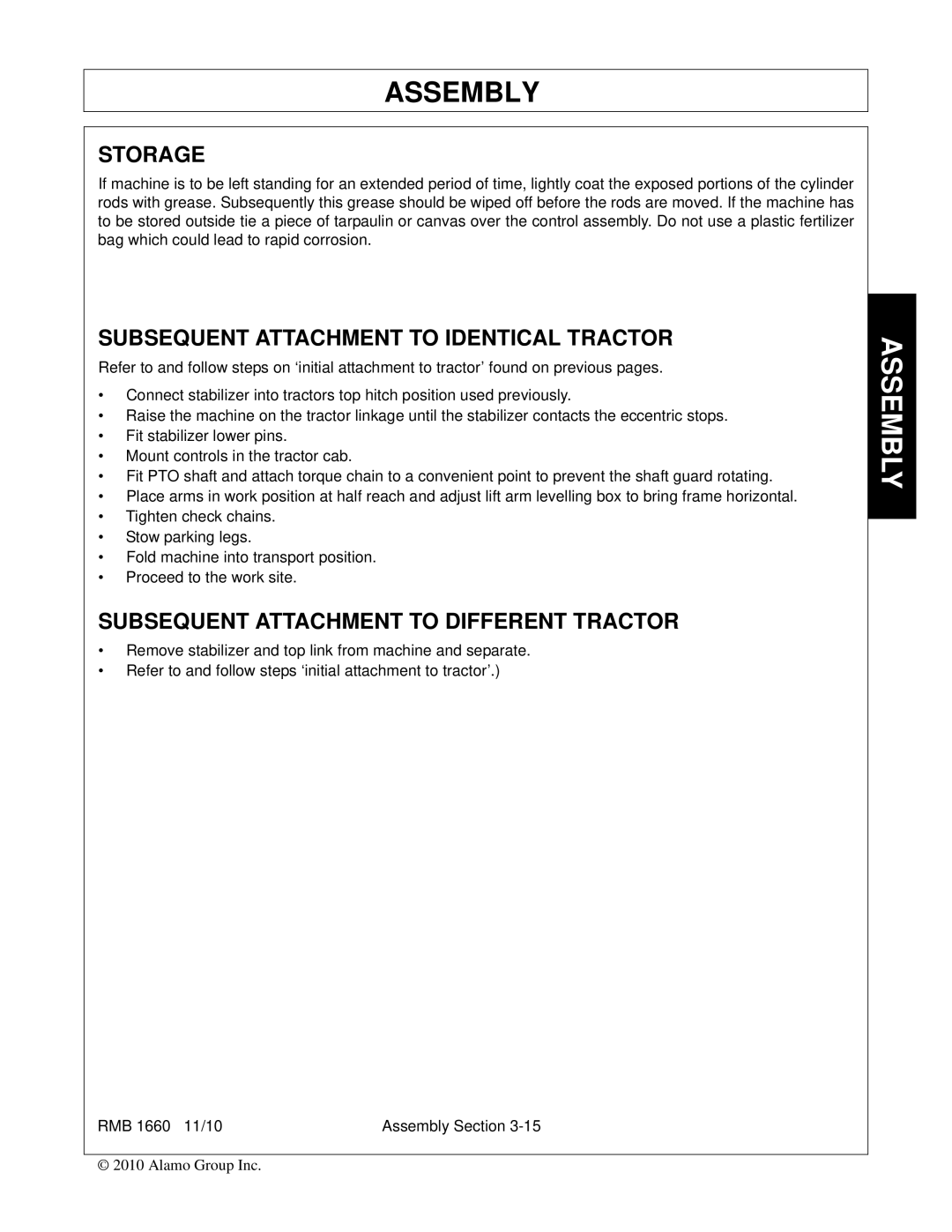 Bush Hog RMB 1660 manual Storage, Subsequent Attachment to Identical Tractor, Subsequent Attachment to Different Tractor 