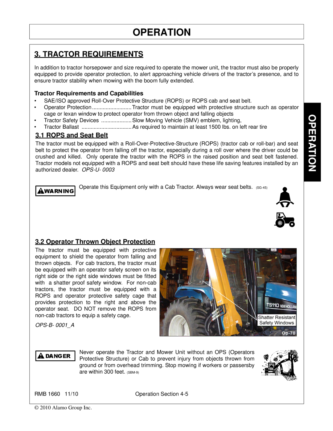 Bush Hog RMB 1660 manual Tractor Requirements, Rops and Seat Belt, Operator Thrown Object Protection 