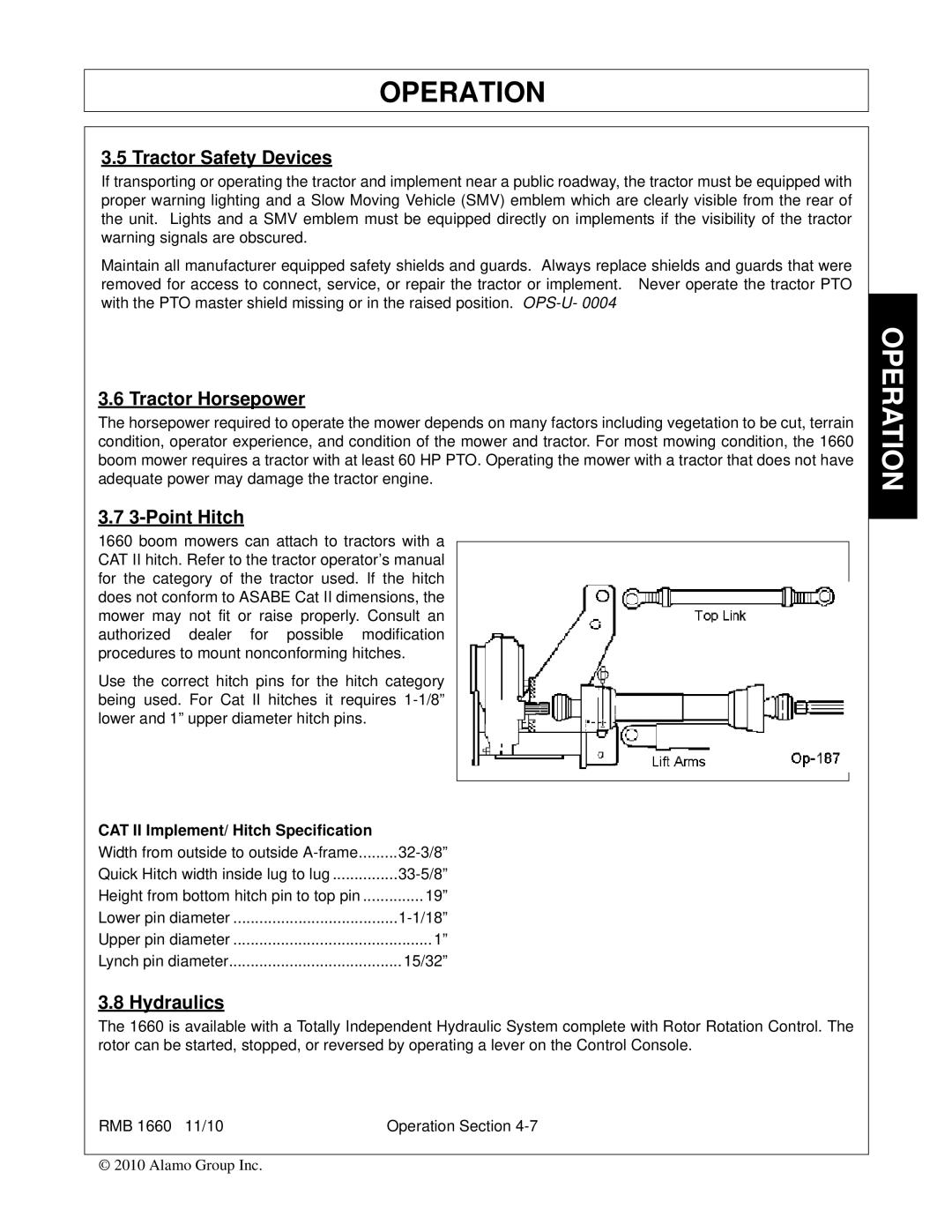 Bush Hog RMB 1660 manual Tractor Safety Devices, Tractor Horsepower, Point Hitch, Hydraulics 