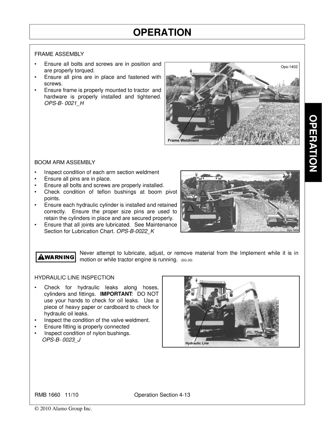 Bush Hog RMB 1660 manual Frame Assembly, Boom ARM Assembly, Hydraulic Line Inspection 