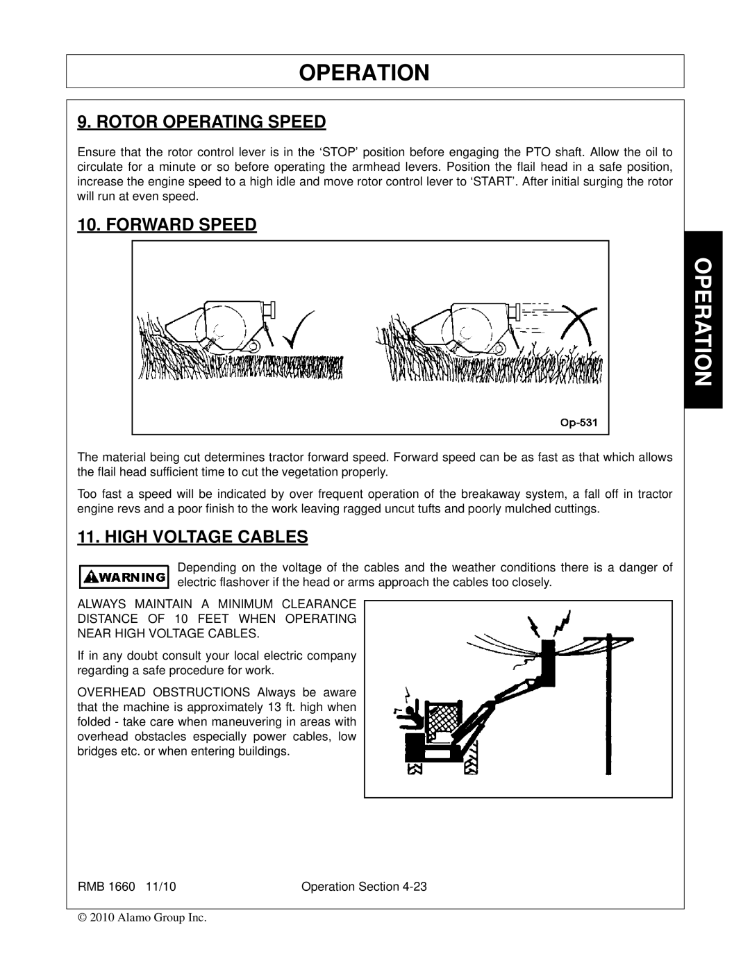 Bush Hog RMB 1660 manual Rotor Operating Speed, Forward Speed, High Voltage Cables 