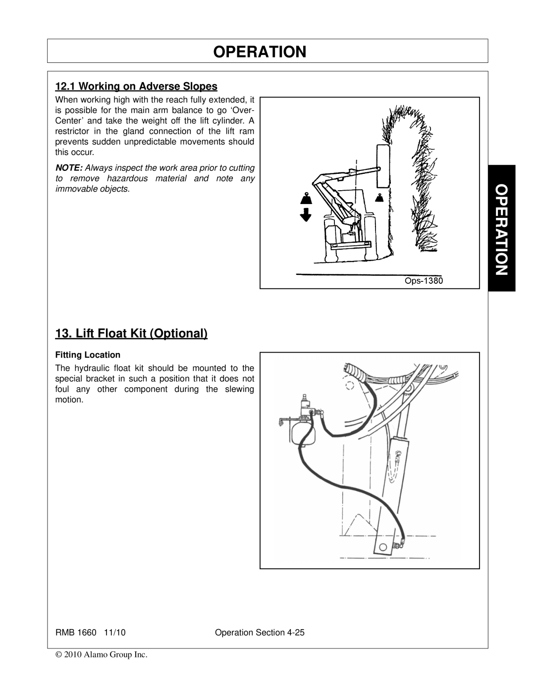 Bush Hog RMB 1660 manual Lift Float Kit Optional, Working on Adverse Slopes 