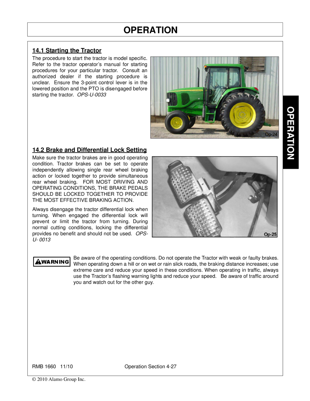 Bush Hog RMB 1660 manual Starting the Tractor, Brake and Differential Lock Setting 