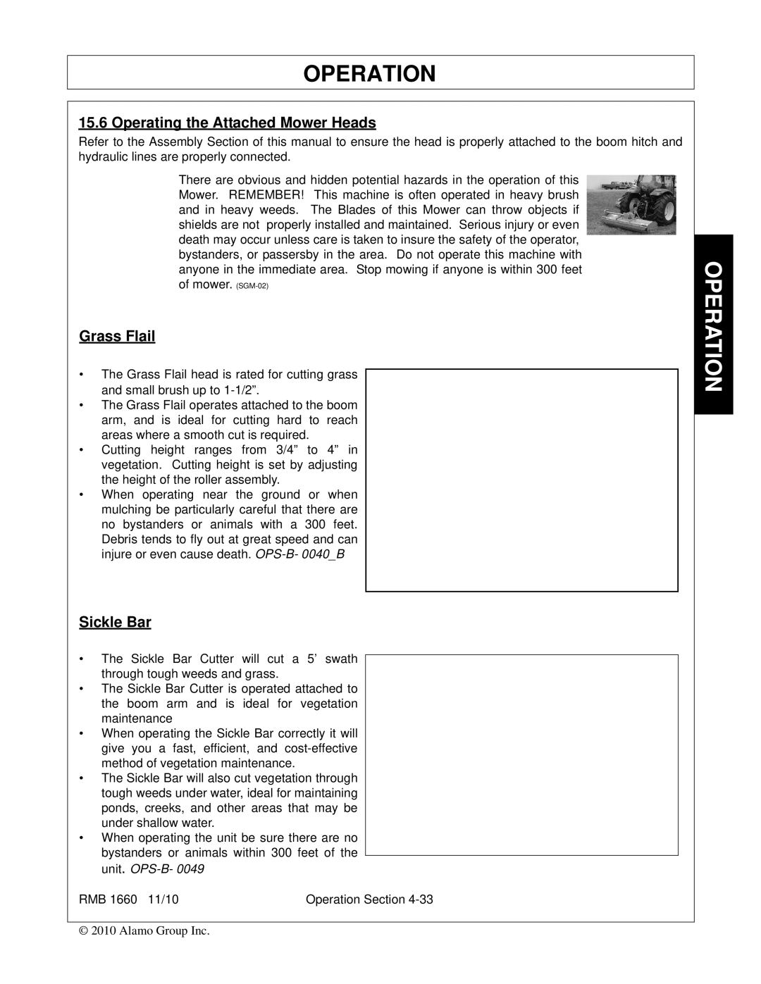 Bush Hog RMB 1660 manual Operating the Attached Mower Heads, Grass Flail, Sickle Bar 