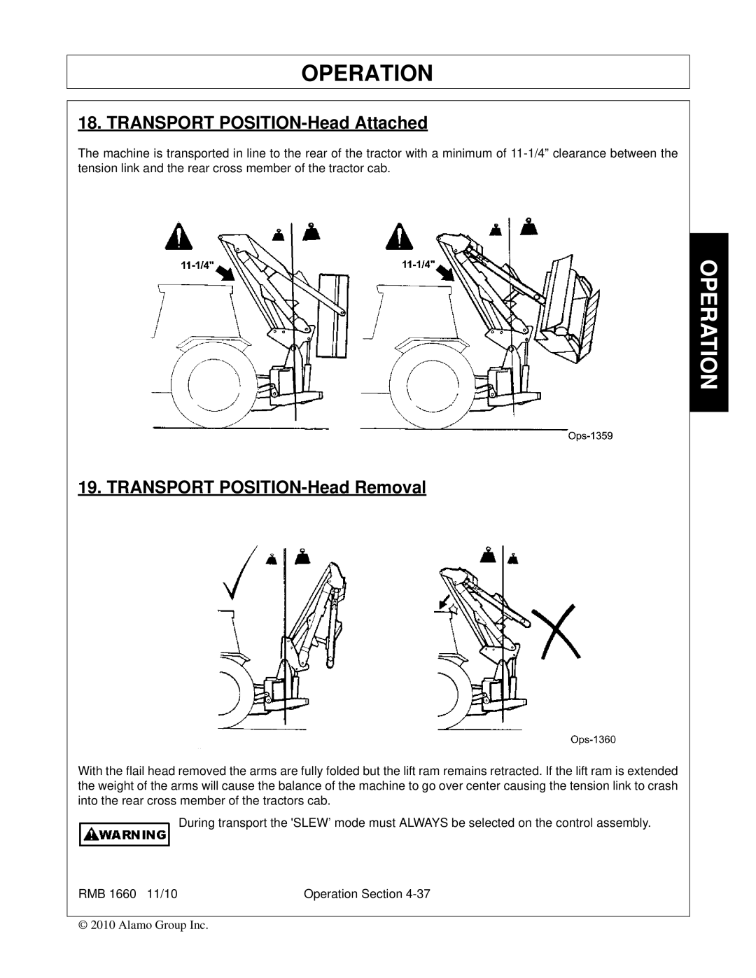 Bush Hog RMB 1660 manual Transport POSITION-Head Attached, Transport POSITION-Head Removal 