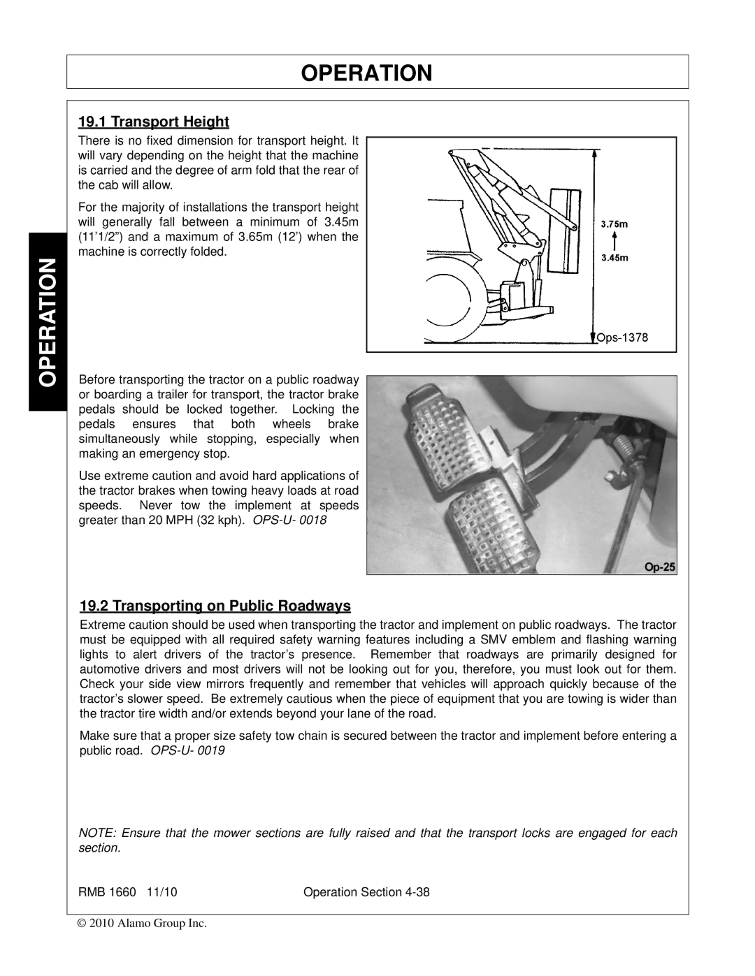Bush Hog RMB 1660 manual Transport Height, Transporting on Public Roadways 