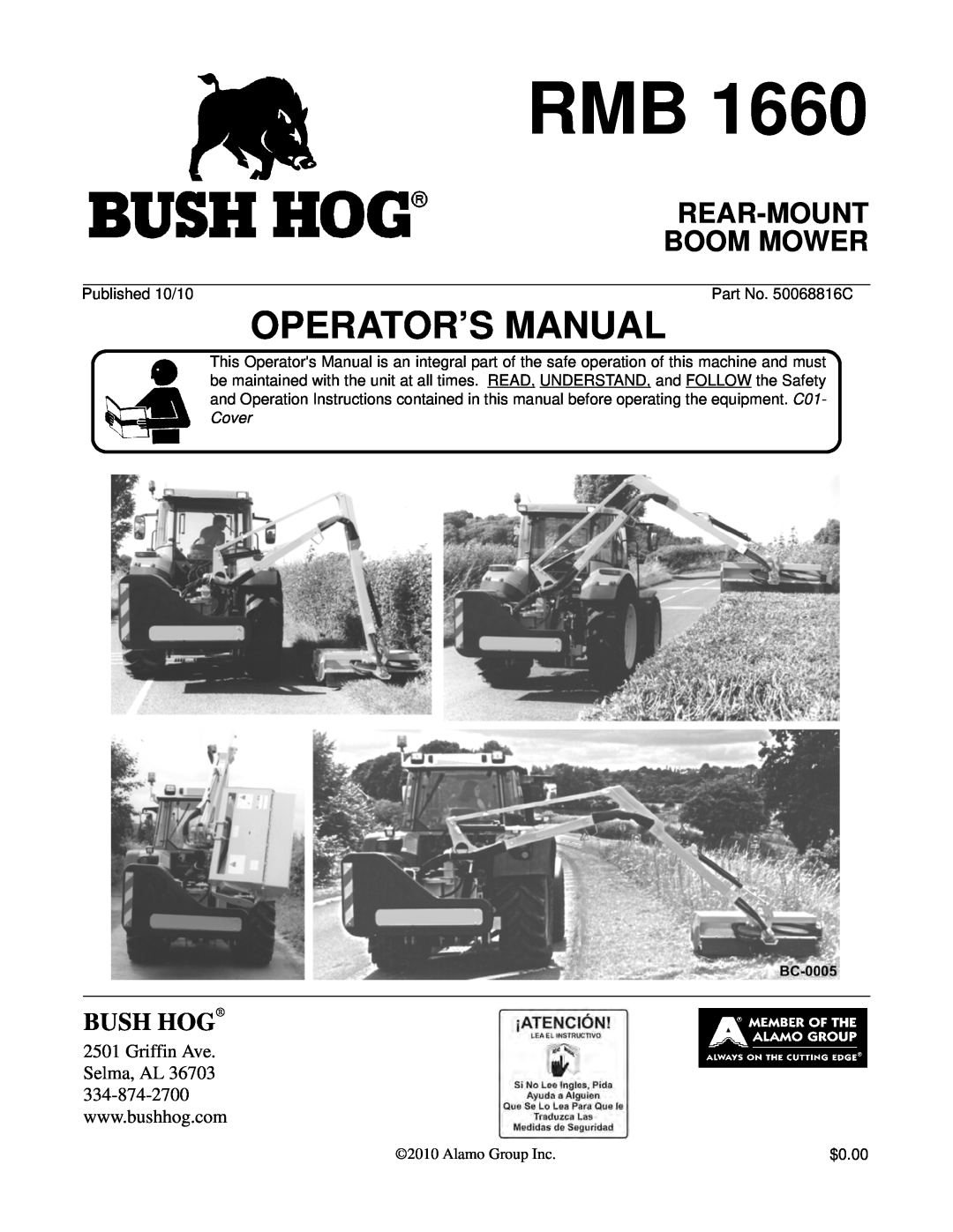 Bush Hog RMB 1660 manual Rear-Mount Boom Mower, Operator’S Manual, Bush Hog 