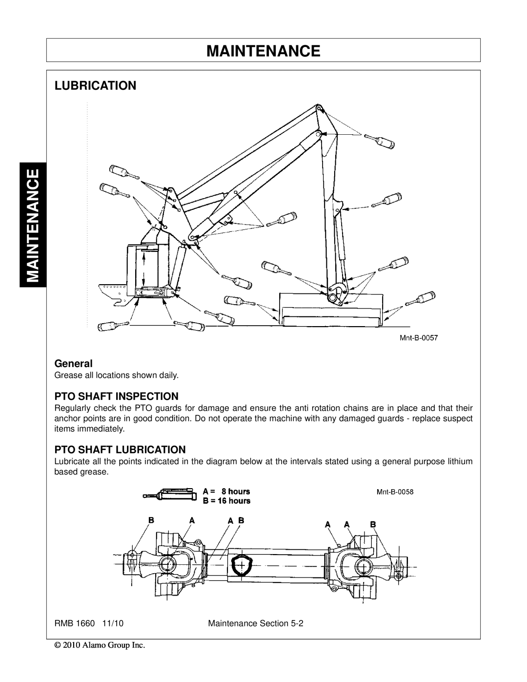 Bush Hog RMB 1660 manual Maintenance, General, Pto Shaft Inspection, Pto Shaft Lubrication 