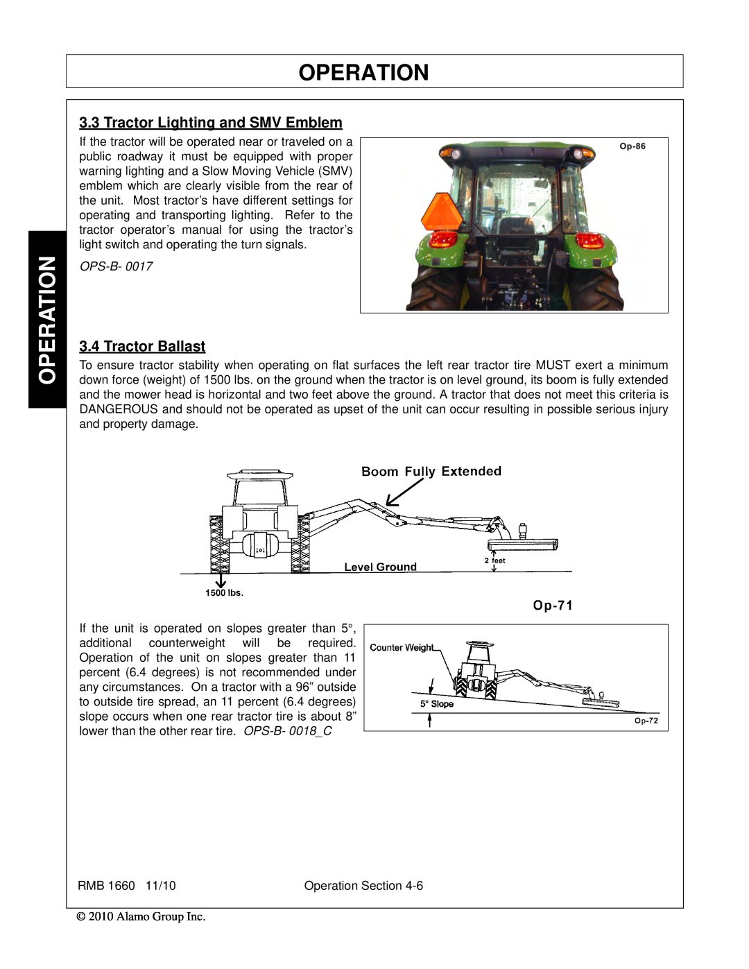 Bush Hog RMB 1660 manual Operation, Tractor Lighting and SMV Emblem, Tractor Ballast, Ops-B 