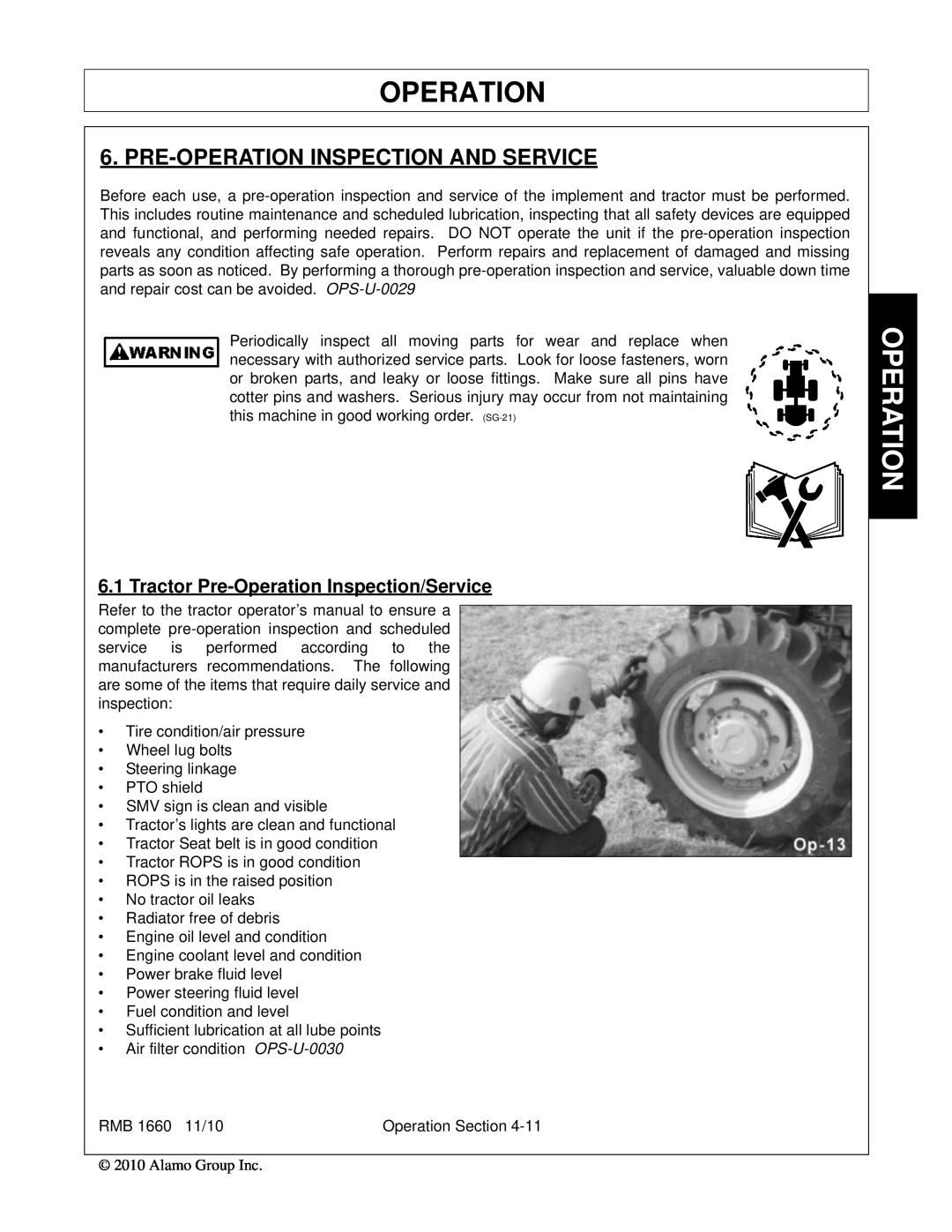 Bush Hog RMB 1660 manual Pre-Operation Inspection And Service, Tractor Pre-Operation Inspection/Service 