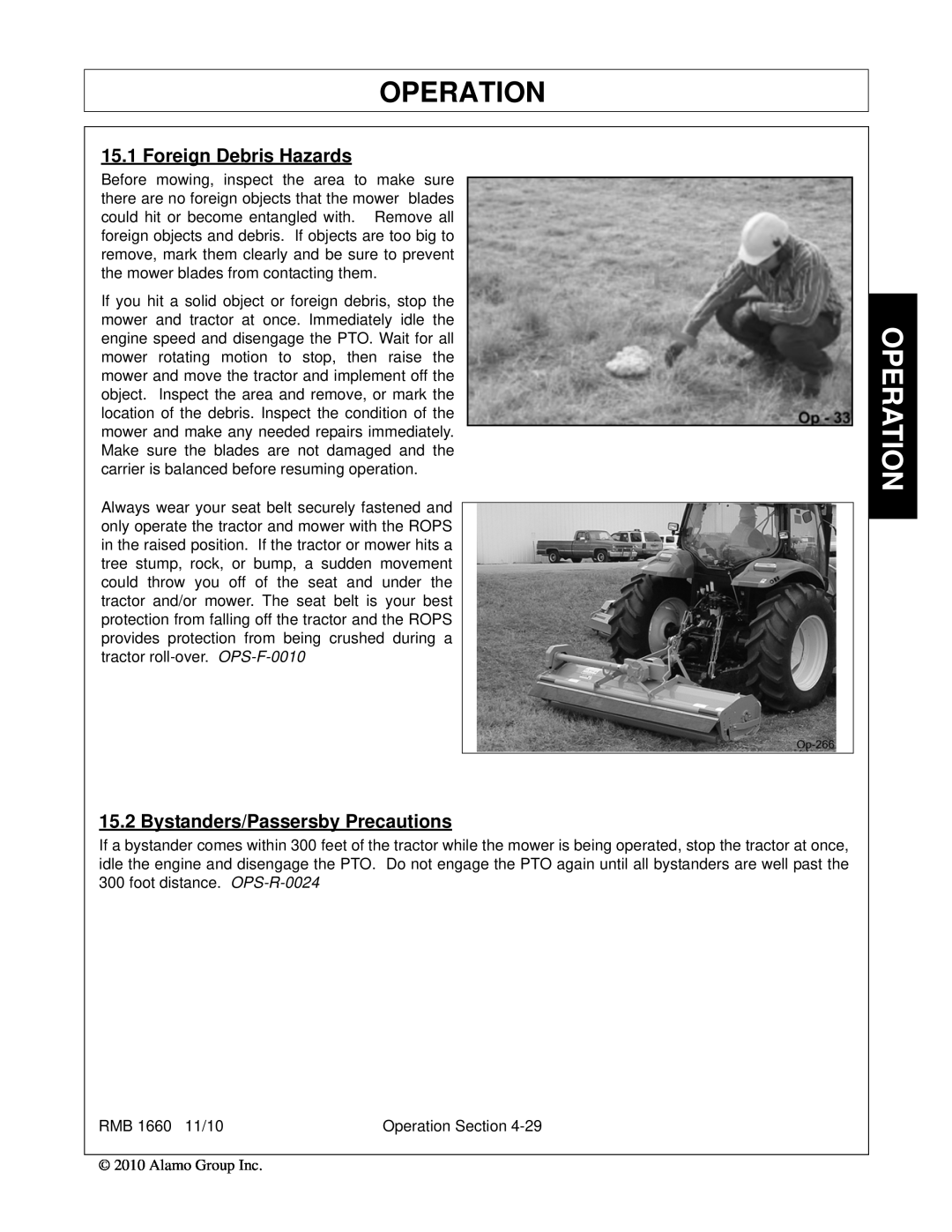 Bush Hog RMB 1660 manual Operation, Foreign Debris Hazards, Bystanders/Passersby Precautions 