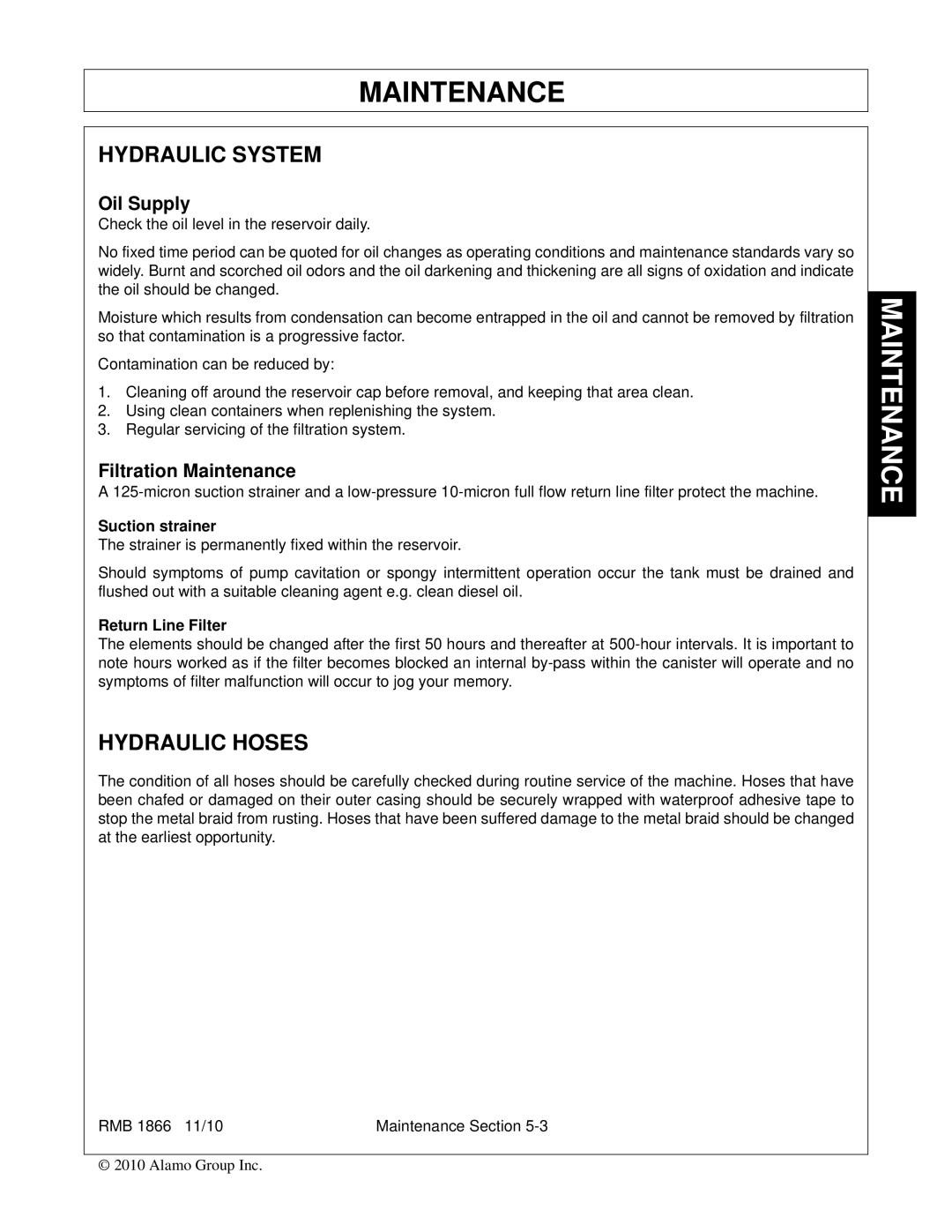 Bush Hog RMB 1865 manual Hydraulic System, Hydraulic Hoses, Oil Supply, Filtration Maintenance 