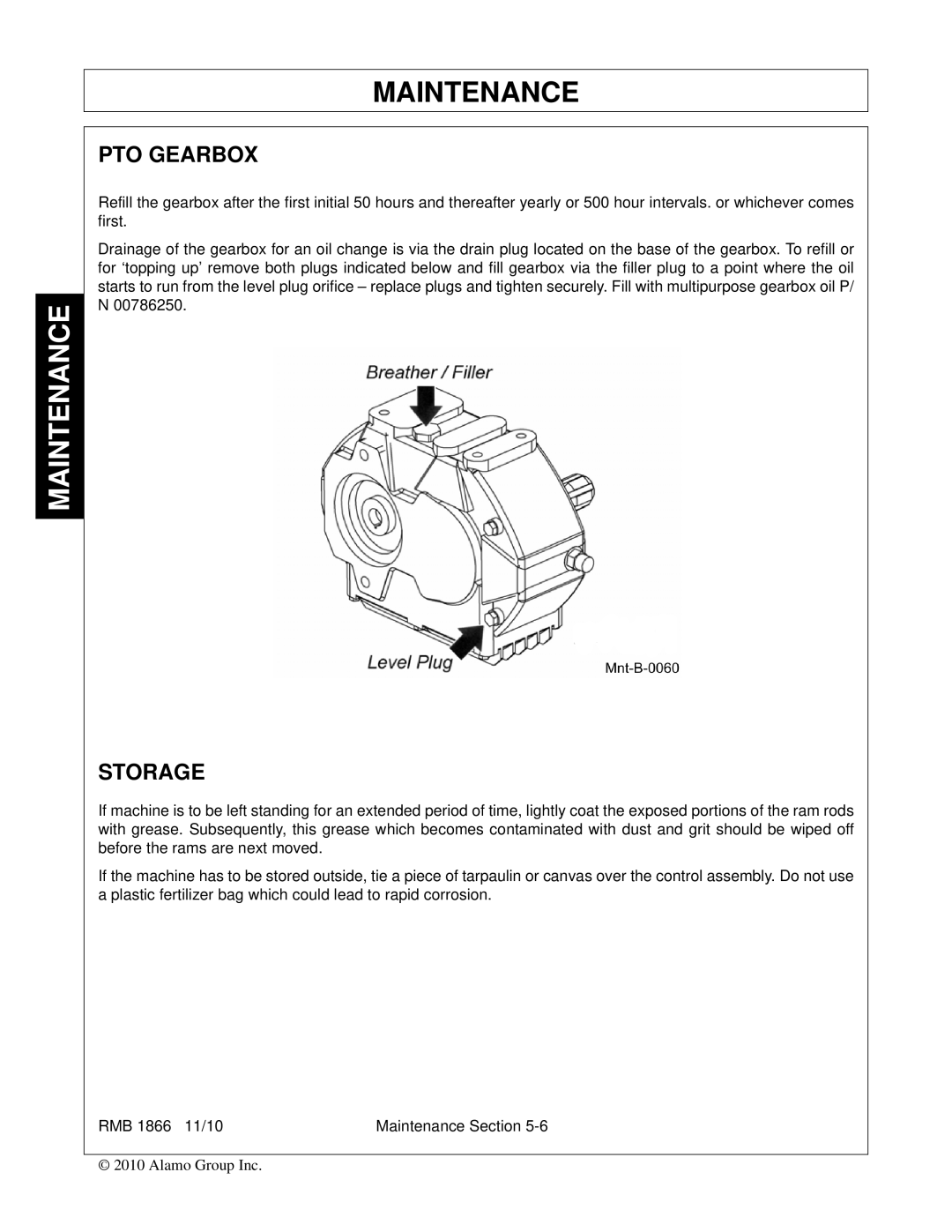 Bush Hog RMB 1865 manual PTO Gearbox, Storage 