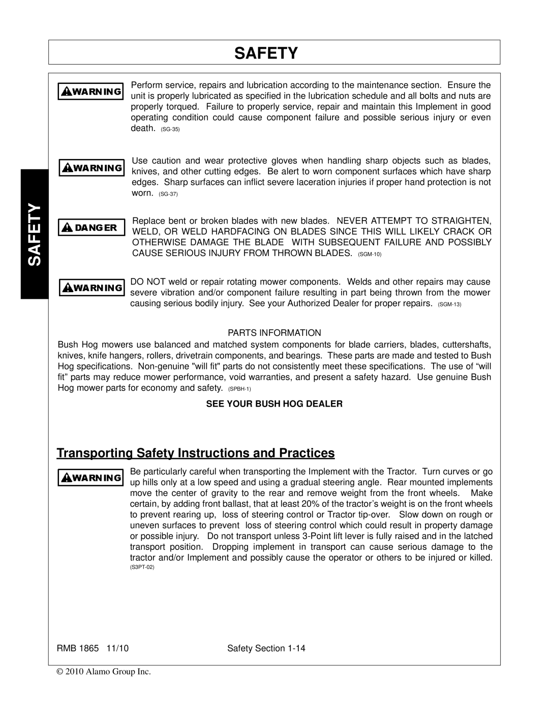 Bush Hog RMB 1865 manual Transporting Safety Instructions and Practices, Parts Information 