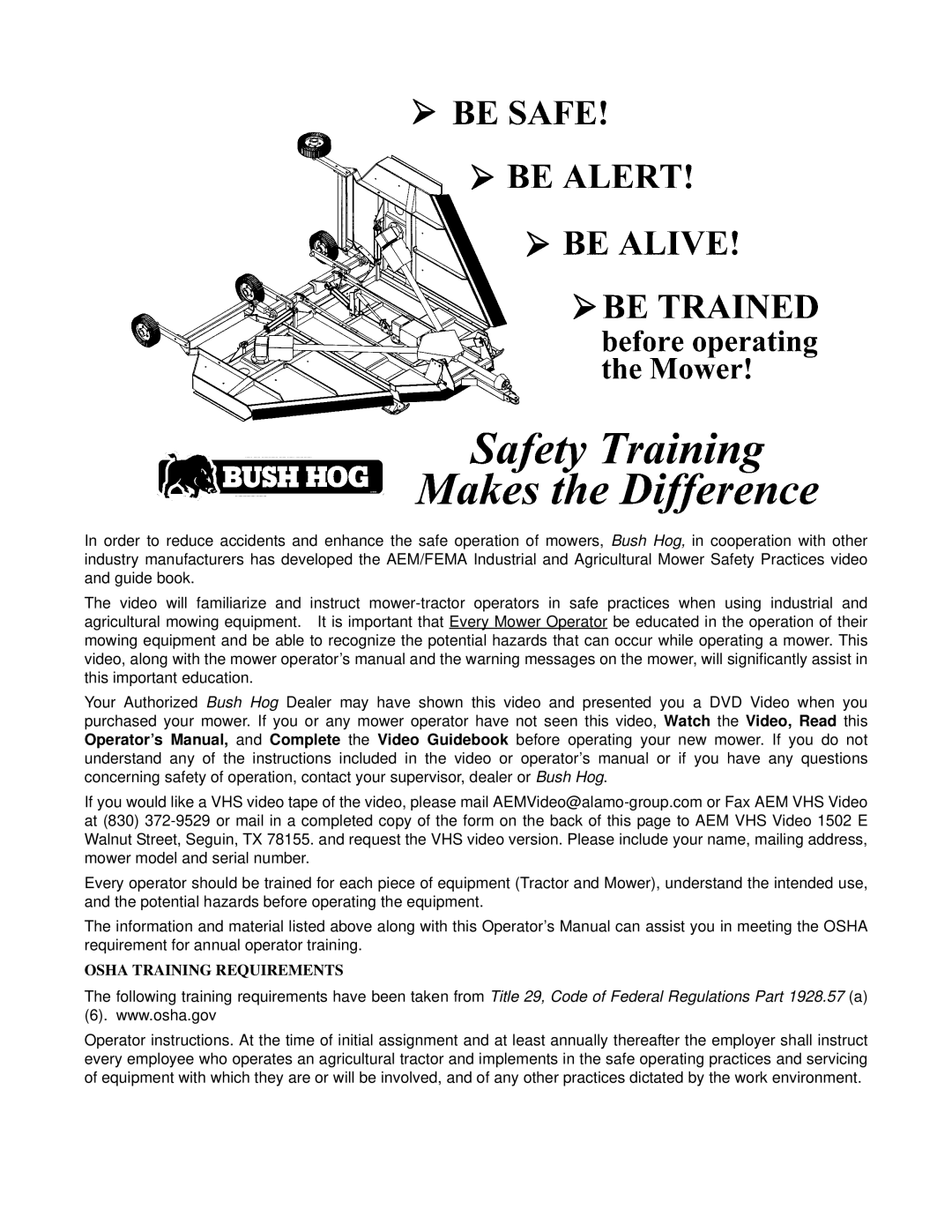 Bush Hog RMB 1865 manual Osha Training Requirements 