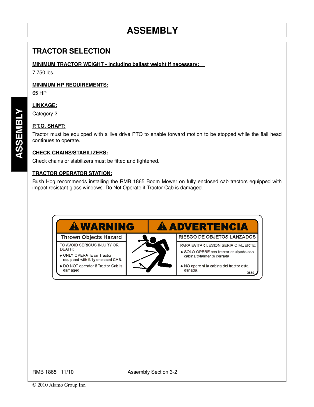 Bush Hog RMB 1865 manual Assembly, Tractor Selection 