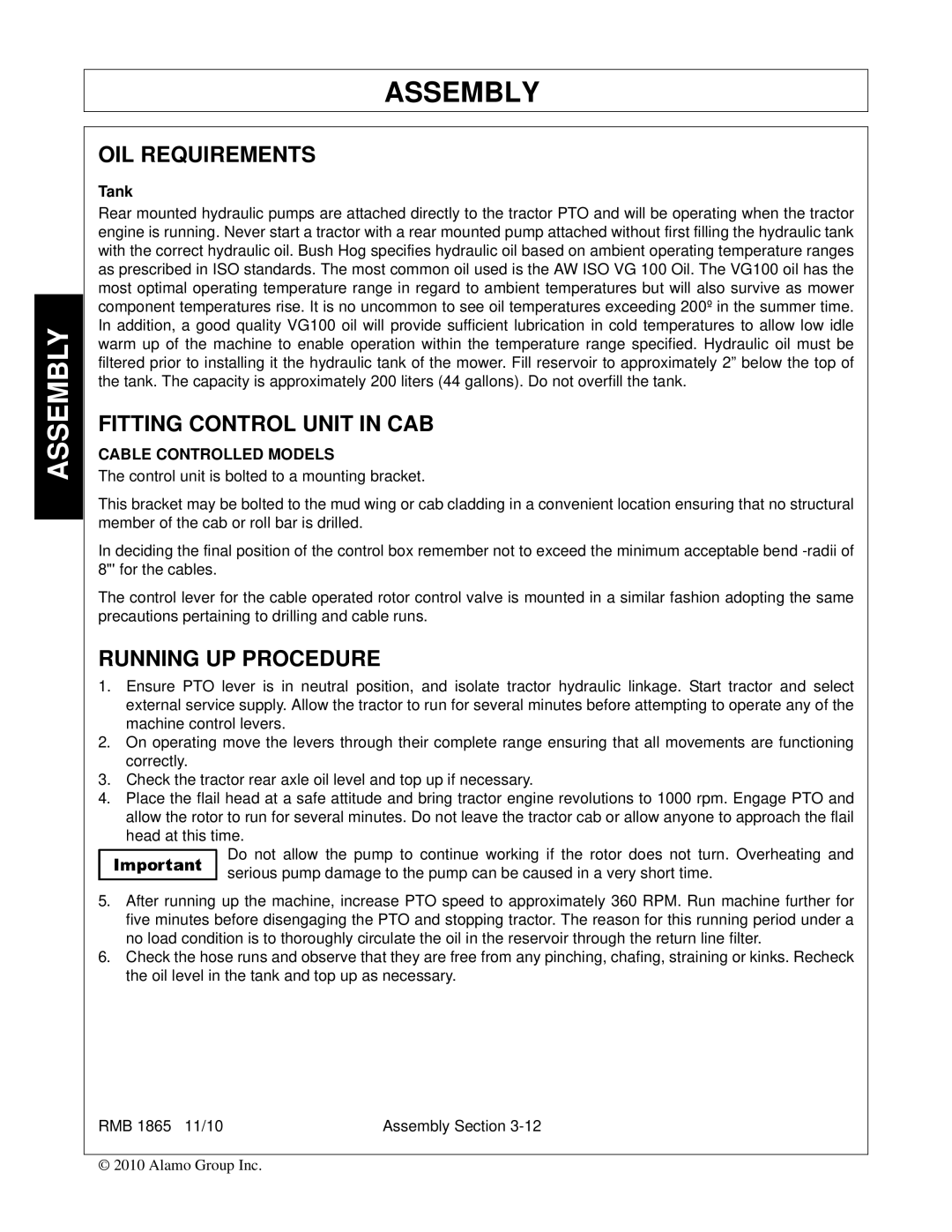 Bush Hog RMB 1865 manual OIL Requirements, Fitting Control Unit in CAB, Running UP Procedure 