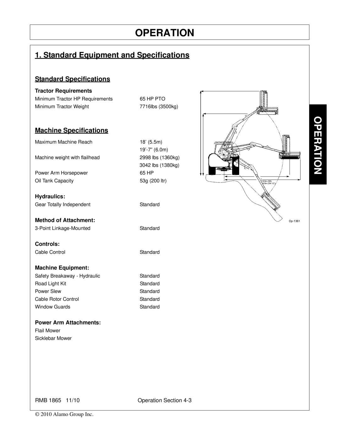 Bush Hog RMB 1865 manual Standard Equipment and Specifications, Standard Specifications, Machine Specifications 