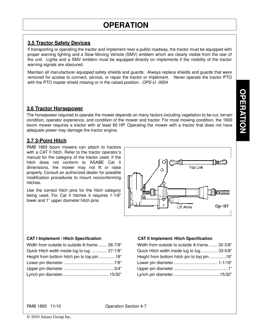 Bush Hog RMB 1865 manual Tractor Safety Devices, Tractor Horsepower, Point Hitch 