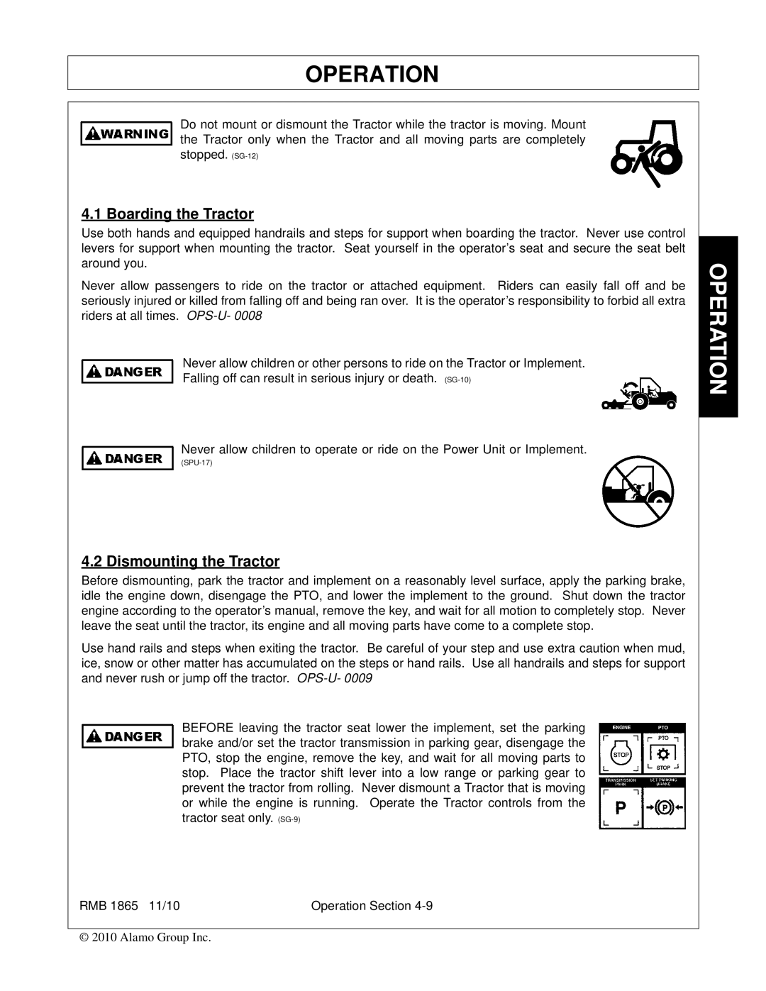 Bush Hog RMB 1865 manual Boarding the Tractor, Dismounting the Tractor 