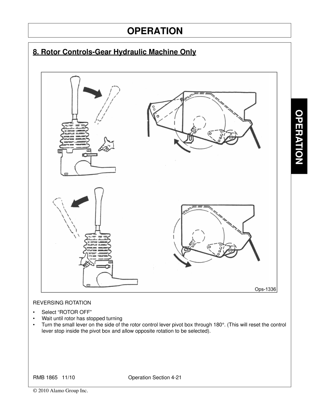 Bush Hog RMB 1865 manual Rotor Controls-Gear Hydraulic Machine Only, Reversing Rotation 