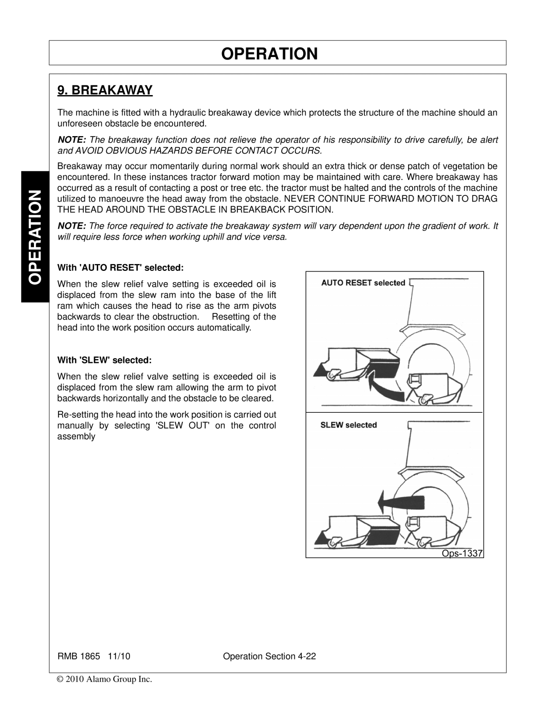 Bush Hog RMB 1865 manual Breakaway, With Auto Reset selected 