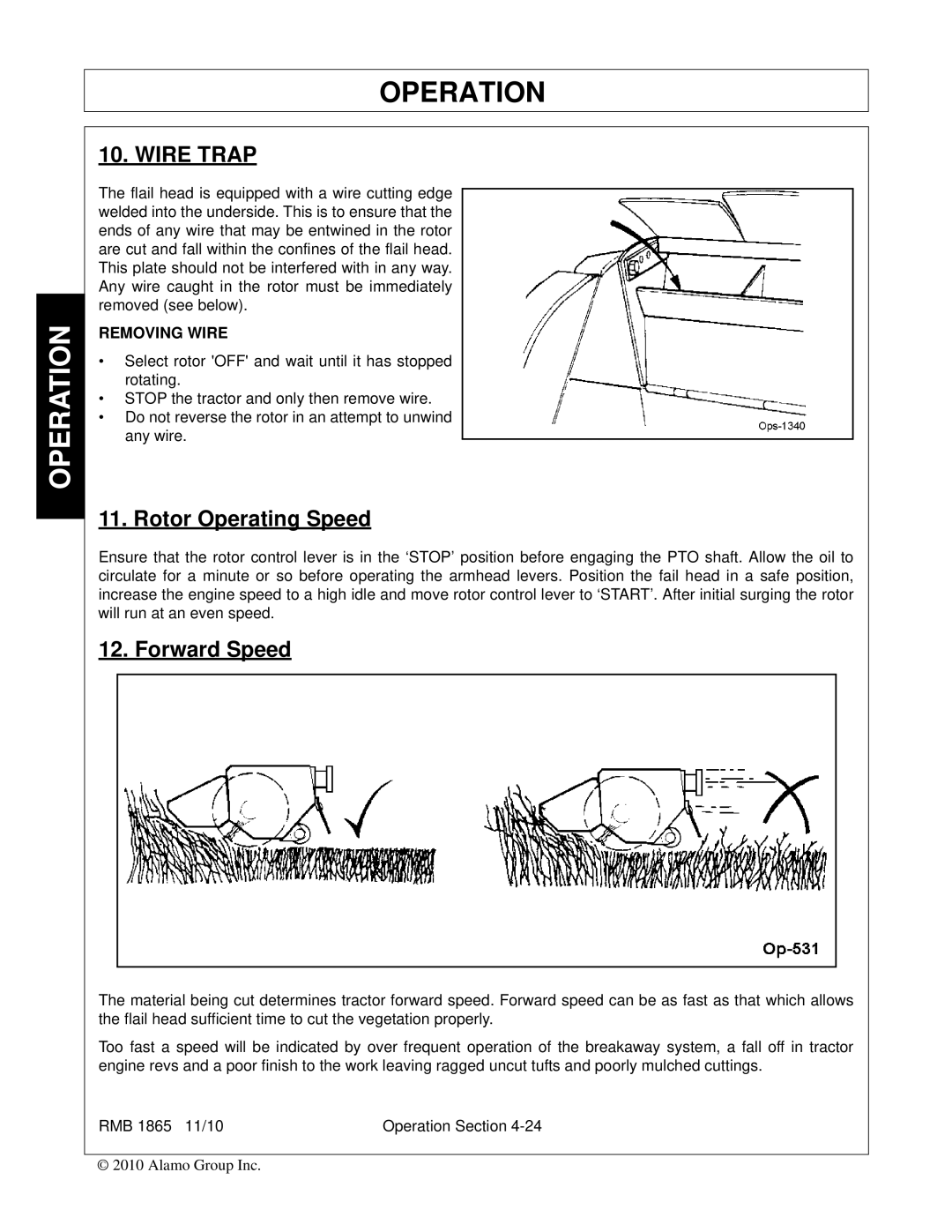 Bush Hog RMB 1865 manual Wire Trap, Rotor Operating Speed, Forward Speed 