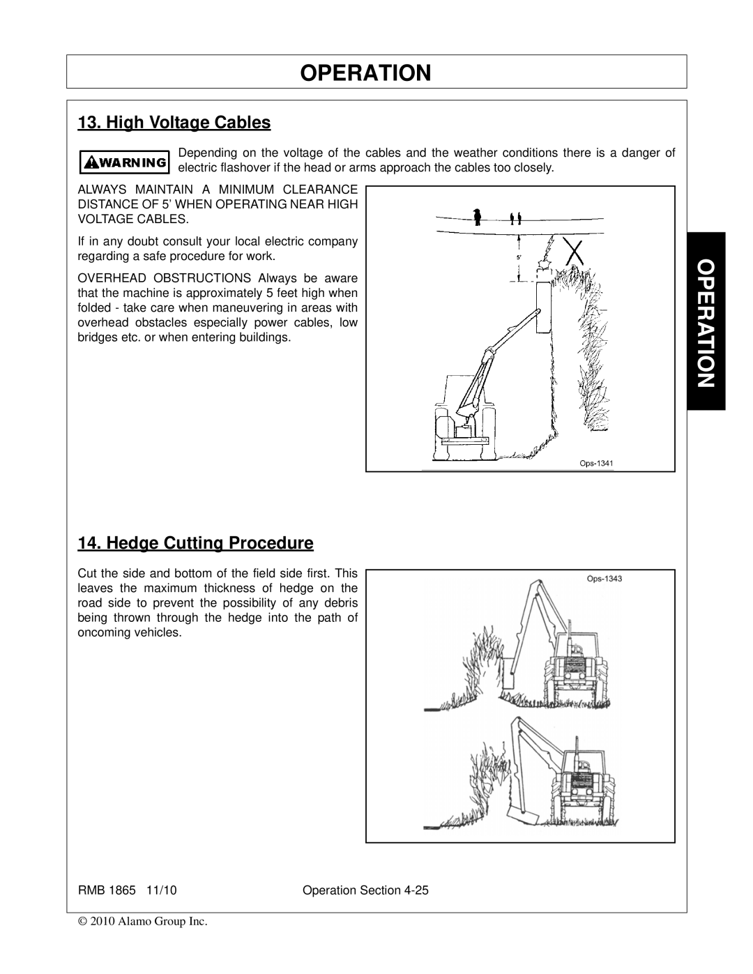 Bush Hog RMB 1865 manual High Voltage Cables, Hedge Cutting Procedure 