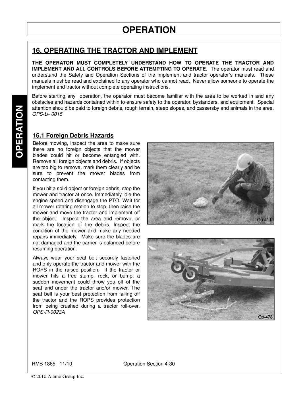 Bush Hog RMB 1865 manual Operating the Tractor and Implement, Foreign Debris Hazards 