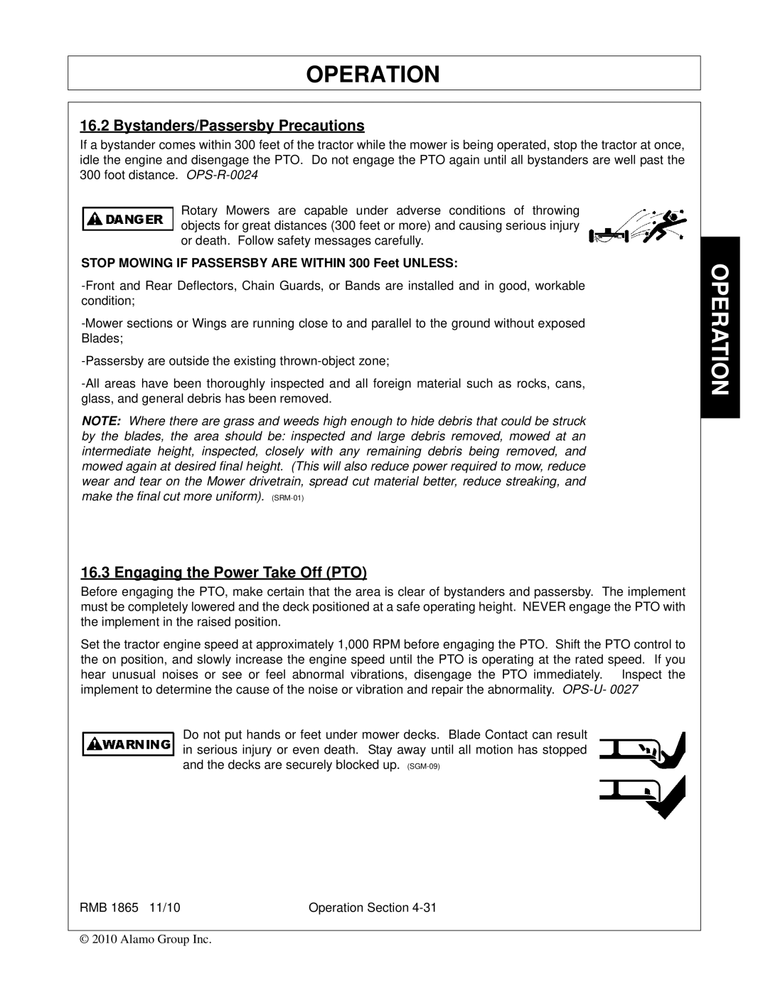Bush Hog RMB 1865 manual Bystanders/Passersby Precautions, Engaging the Power Take Off PTO 