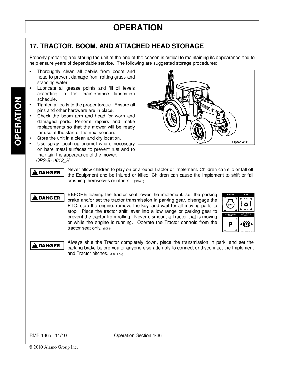 Bush Hog RMB 1865 manual TRACTOR, BOOM, and Attached Head Storage, OPS-B- 0012H 