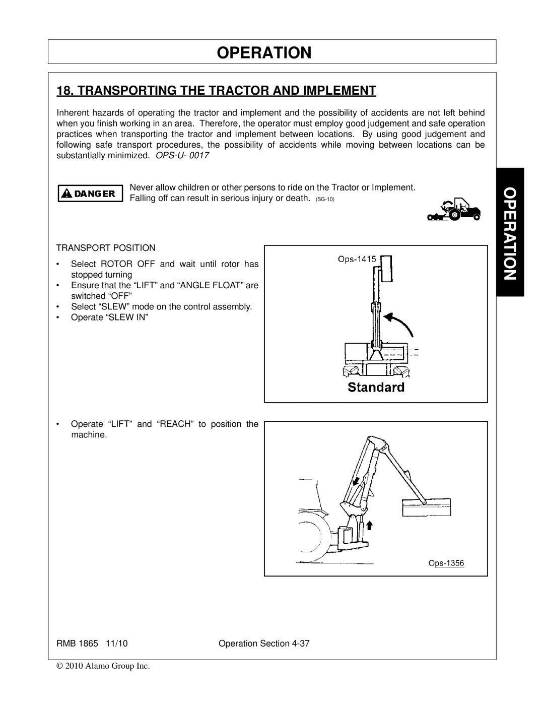 Bush Hog RMB 1865 manual Transporting the Tractor and Implement, Transport Position 