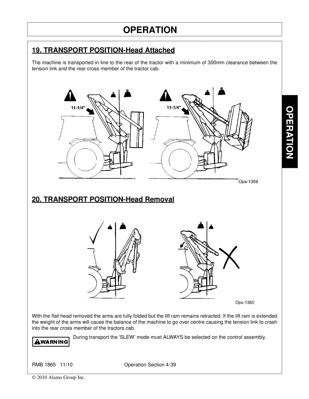 Bush Hog RMB 1865 manual Transport POSITION-Head Attached, Transport POSITION-Head Removal 