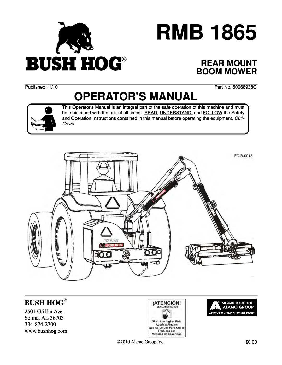 Bush Hog RMB 1865 manual Rear Mount Boom Mower, Operator’S Manual, Bush Hog 