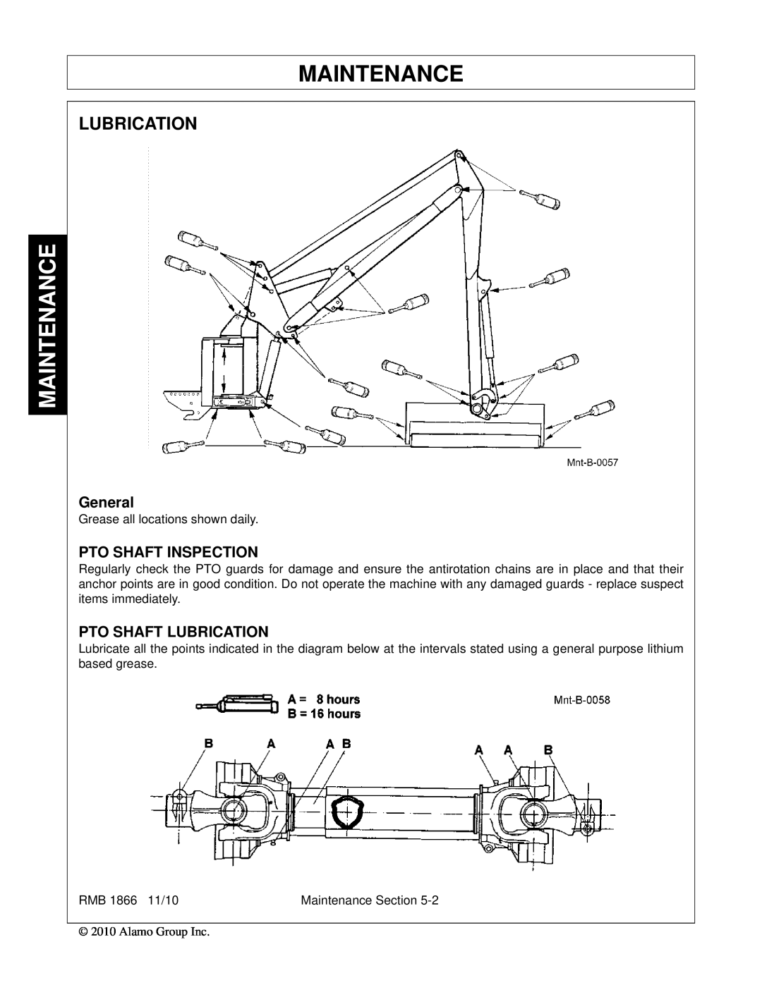 Bush Hog RMB 1865 manual Maintenance, General, Pto Shaft Inspection, Pto Shaft Lubrication 