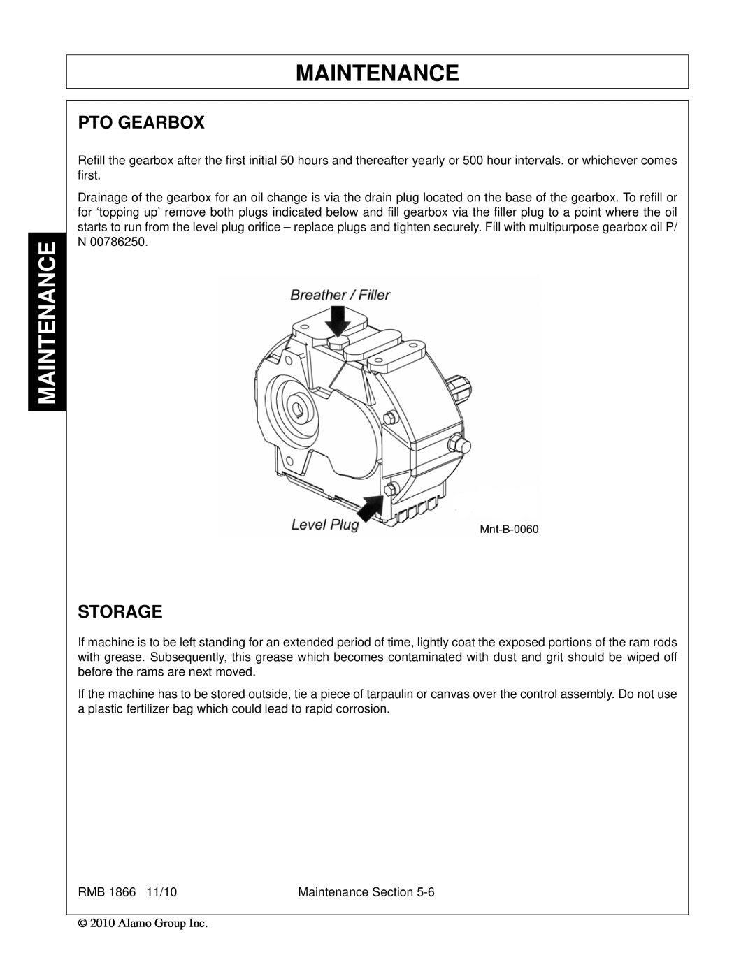 Bush Hog RMB 1865 manual Maintenance, Pto Gearbox, Storage 